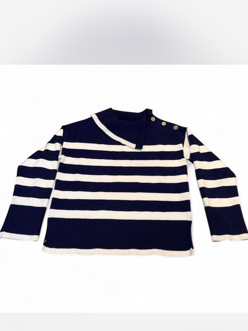 Saks Fifth Avenue Navy and White Striped Button-Shoulder Sweater
